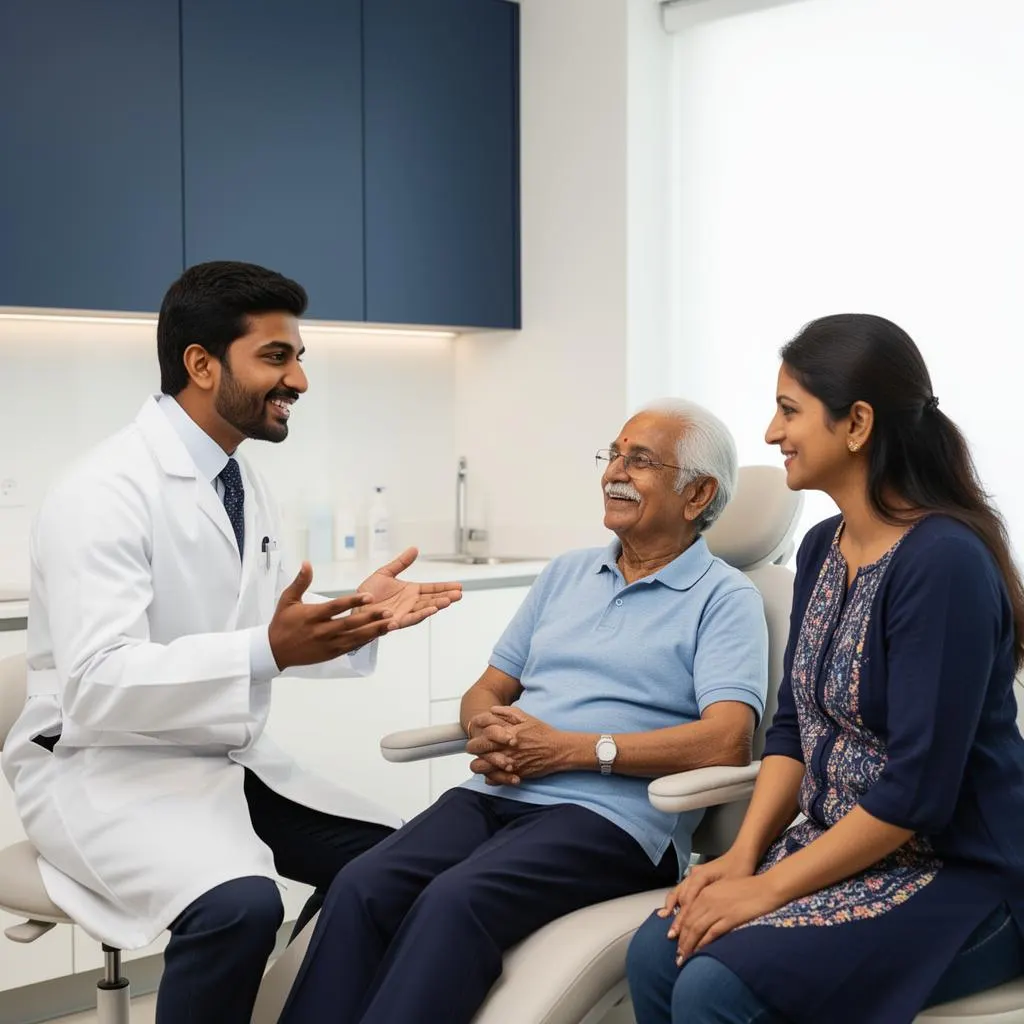 Doctor consulting senior patient with family member